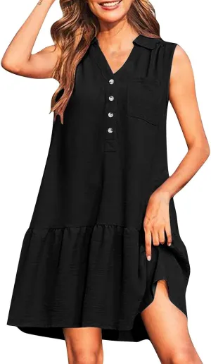 Women's V-Neck Button Sleeveless Mini Dress Ruffle Tiered Casual Swing Smocked Dress Beach Sundress with Pocket