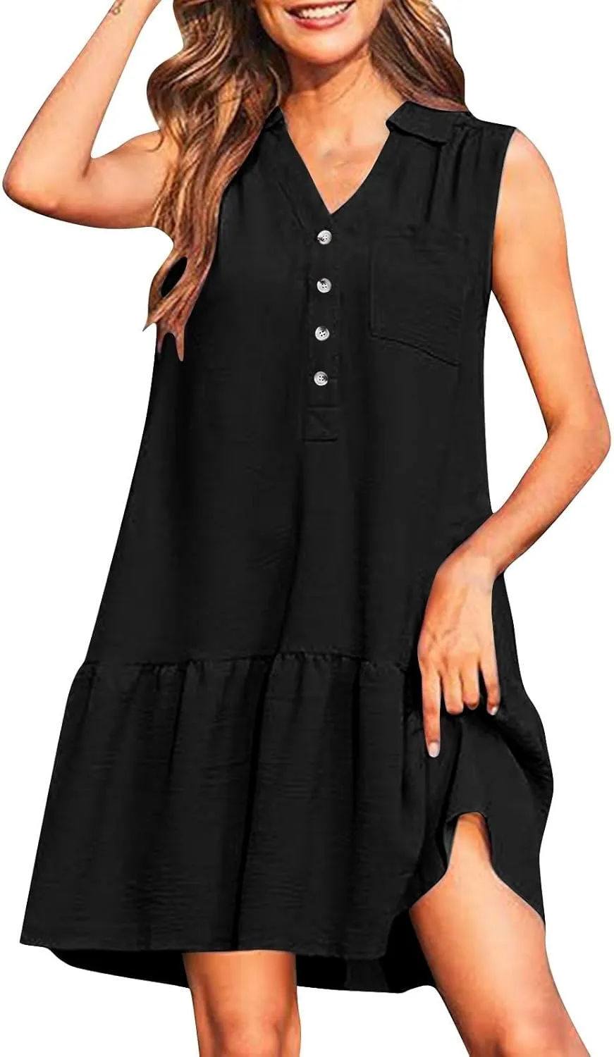Women's V-Neck Button Sleeveless Mini Dress Ruffle Tiered Casual Swing Smocked Dress Beach Sundress with Pocket