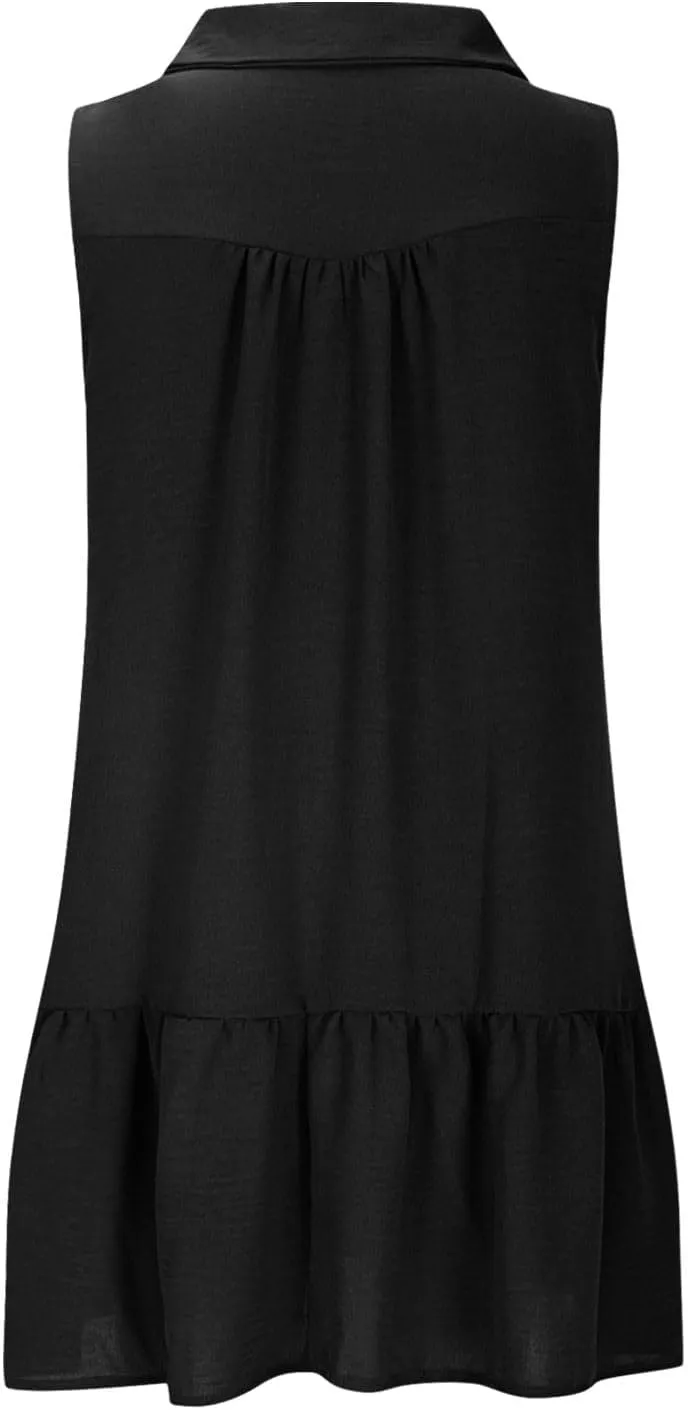 Women's V-Neck Button Sleeveless Mini Dress Ruffle Tiered Casual Swing Smocked Dress Beach Sundress with Pocket