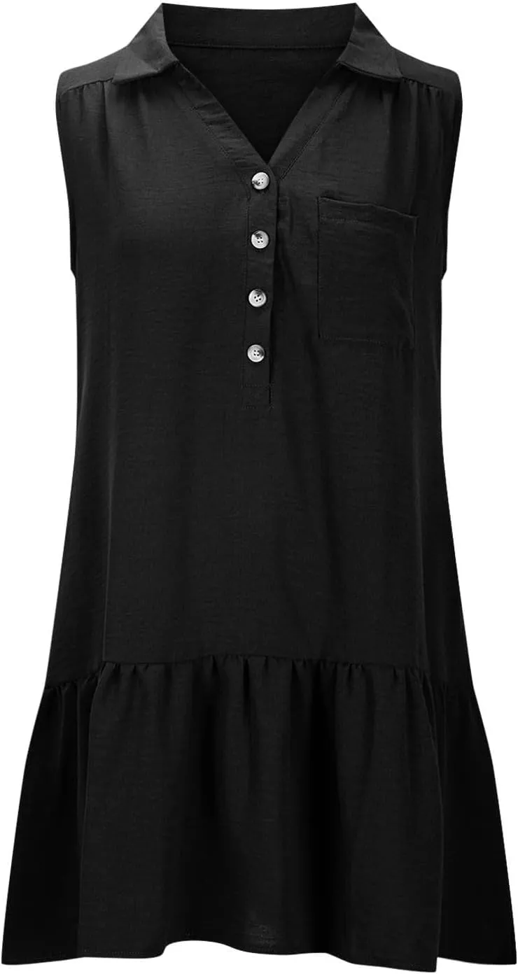 Women's V-Neck Button Sleeveless Mini Dress Ruffle Tiered Casual Swing Smocked Dress Beach Sundress with Pocket