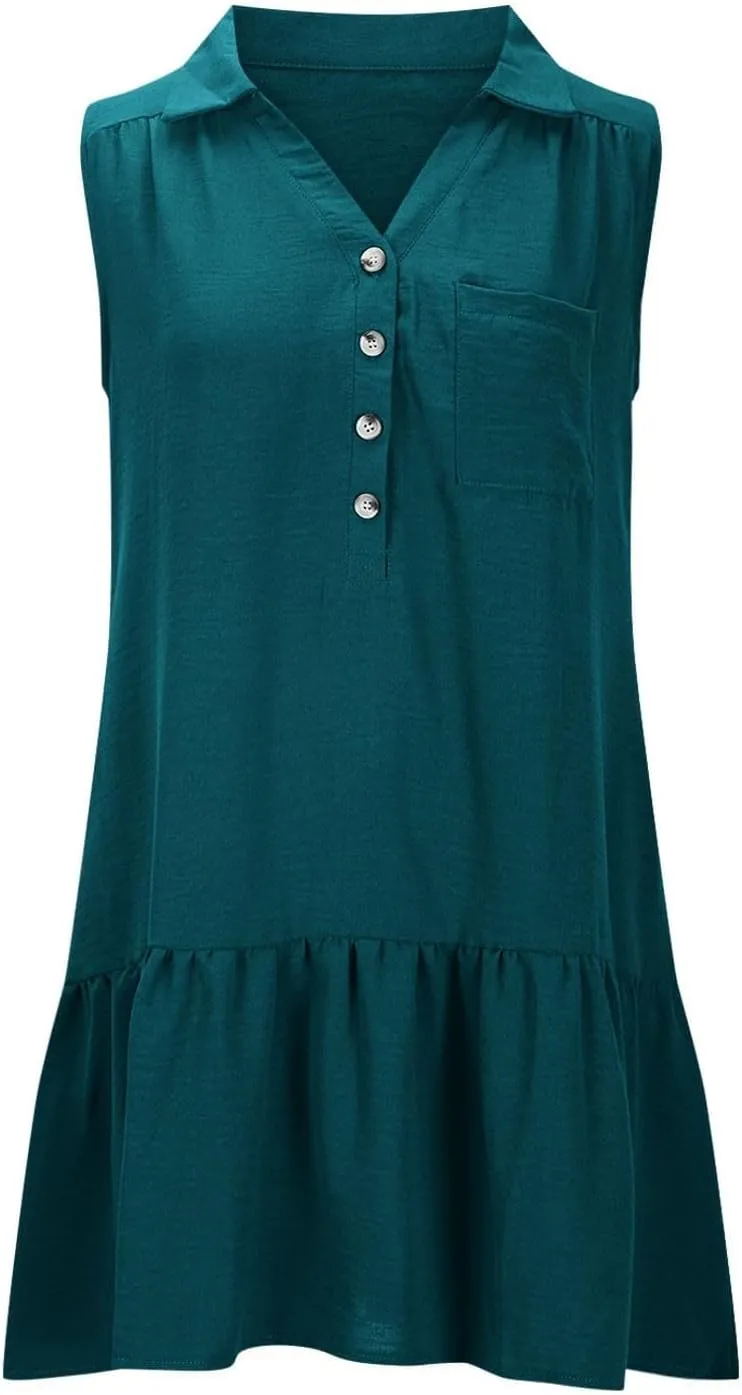 Women's V-Neck Button Sleeveless Mini Dress Ruffle Tiered Casual Swing Smocked Dress Beach Sundress with Pocket