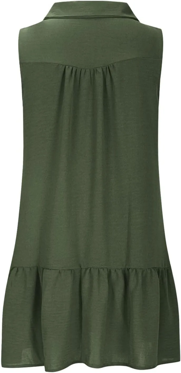 Women's V-Neck Button Sleeveless Mini Dress Ruffle Tiered Casual Swing Smocked Dress Beach Sundress with Pocket