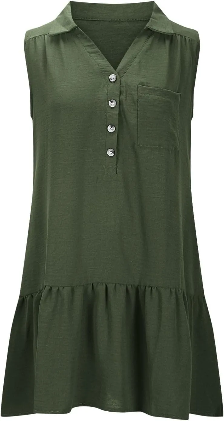 Women's V-Neck Button Sleeveless Mini Dress Ruffle Tiered Casual Swing Smocked Dress Beach Sundress with Pocket