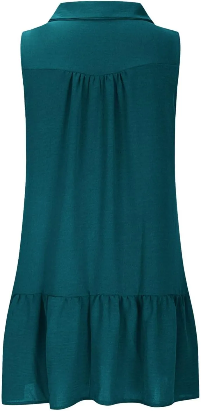 Women's V-Neck Button Sleeveless Mini Dress Ruffle Tiered Casual Swing Smocked Dress Beach Sundress with Pocket