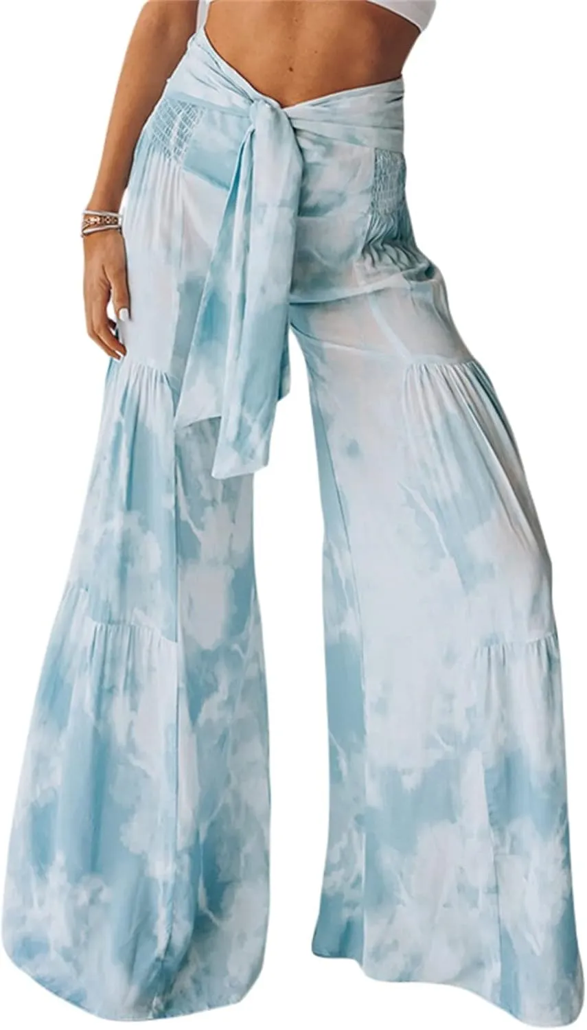 Womens Wide Leg Palazzo Pants Summer Boho Floral High Waist Flare Pants Beach Flowy Belted Bell Bottoms Trousers
