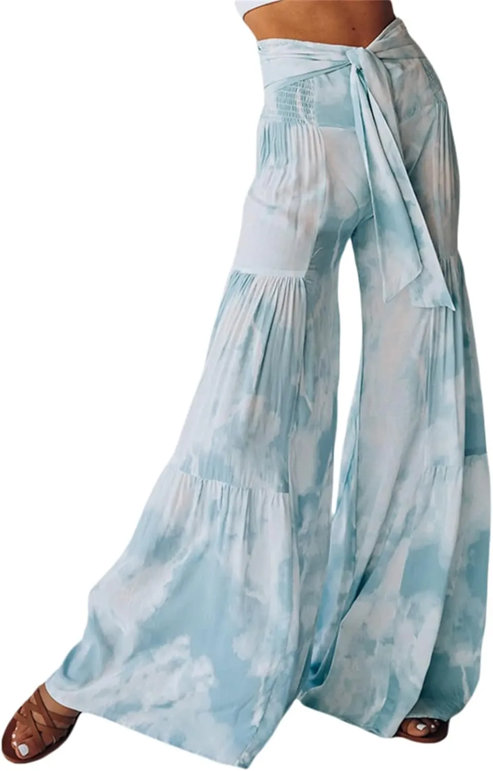 Womens Wide Leg Palazzo Pants Summer Boho Floral High Waist Flare Pants Beach Flowy Belted Bell Bottoms Trousers