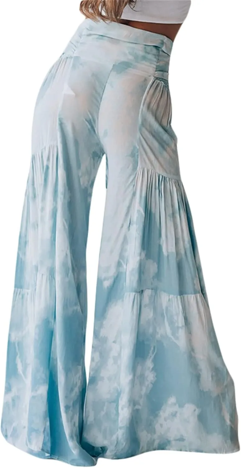 Womens Wide Leg Palazzo Pants Summer Boho Floral High Waist Flare Pants Beach Flowy Belted Bell Bottoms Trousers