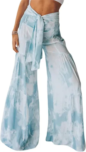 Womens Wide Leg Palazzo Pants Summer Boho Floral High Waist Flare Pants Beach Flowy Belted Bell Bottoms Trousers