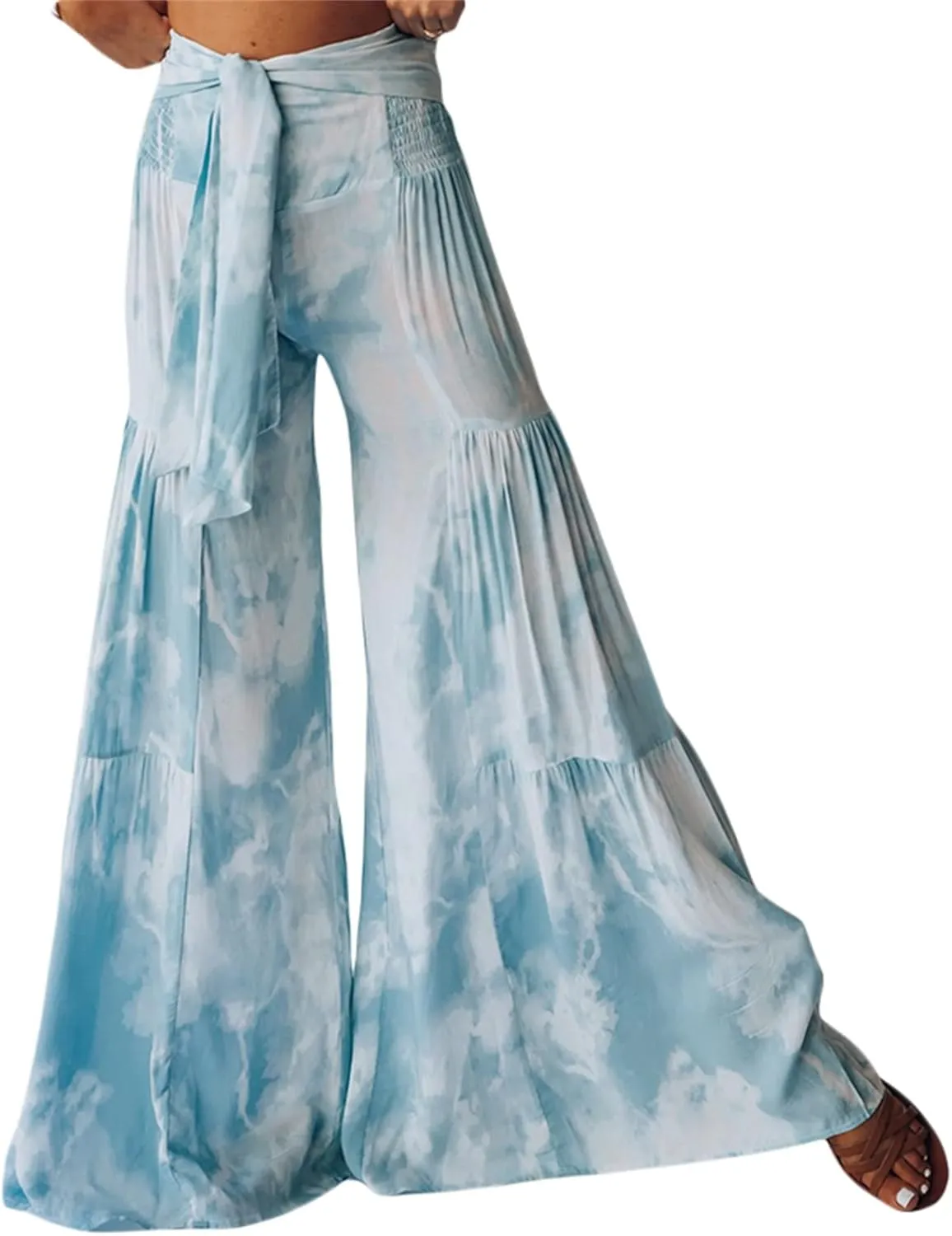Womens Wide Leg Palazzo Pants Summer Boho Floral High Waist Flare Pants Beach Flowy Belted Bell Bottoms Trousers