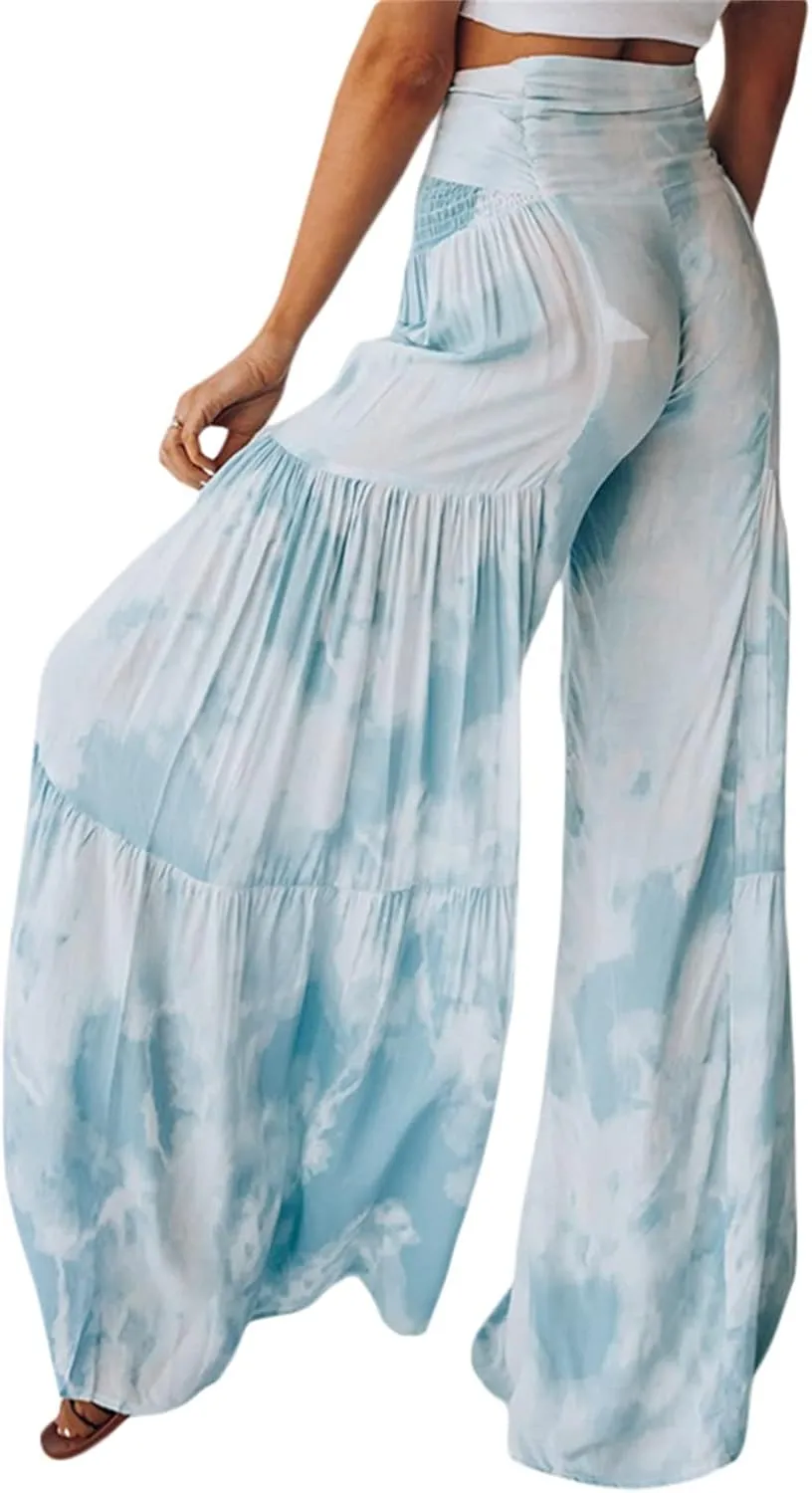 Womens Wide Leg Palazzo Pants Summer Boho Floral High Waist Flare Pants Beach Flowy Belted Bell Bottoms Trousers