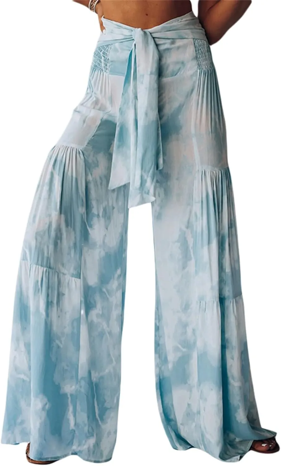 Womens Wide Leg Palazzo Pants Summer Boho Floral High Waist Flare Pants Beach Flowy Belted Bell Bottoms Trousers