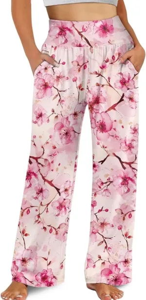Women's Wide Leg Pants High Waisted Lounge Palazzo Pants Casual Loose Beach Pant Travel Trousers with Pockets