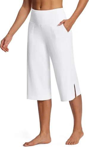 Women's Wide Leg Yoga Capris High Waist Loose Fit Dress Pants with Pockets Casual Lounge Capri Pants for Women