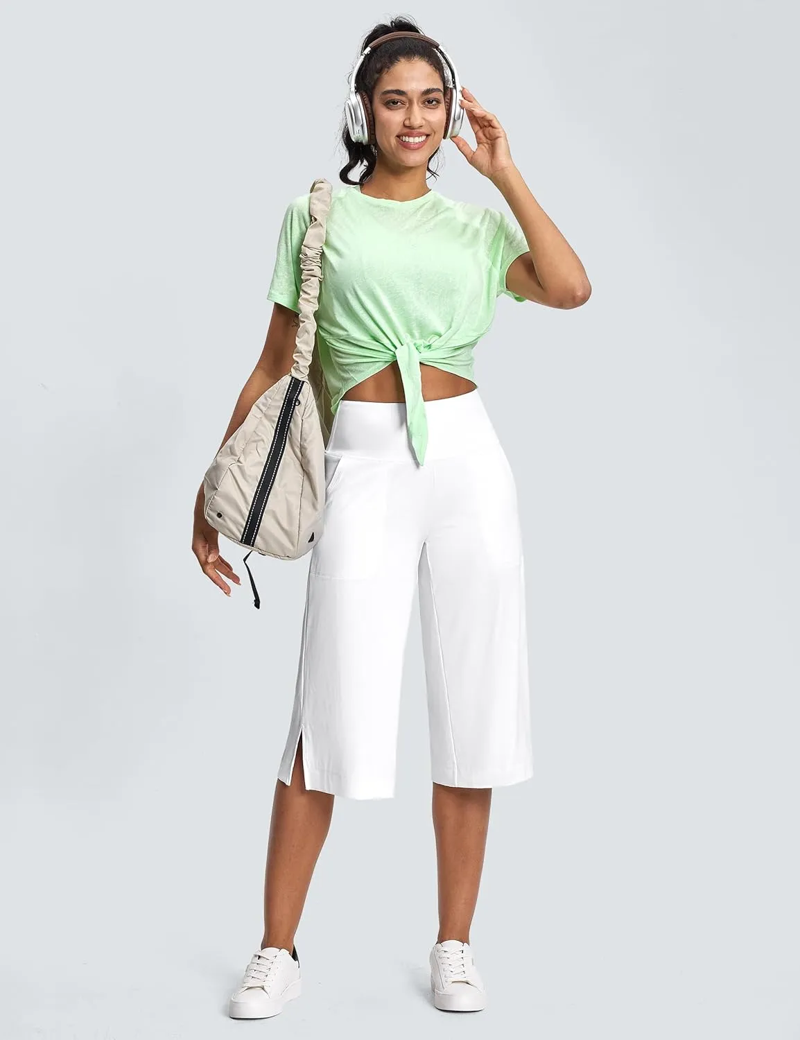 Women's Wide Leg Yoga Capris High Waist Loose Fit Dress Pants with Pockets Casual Lounge Capri Pants for Women