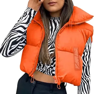 Women's Winter Cropped Vest Jacket Sleeveless Mock Neck Zipper Puffer Waistcoat Tops Cotton Padded Crop Gilet
