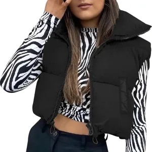 Women's Winter Cropped Vest Jacket Sleeveless Mock Neck Zipper Puffer Waistcoat Tops Cotton Padded Crop Gilet