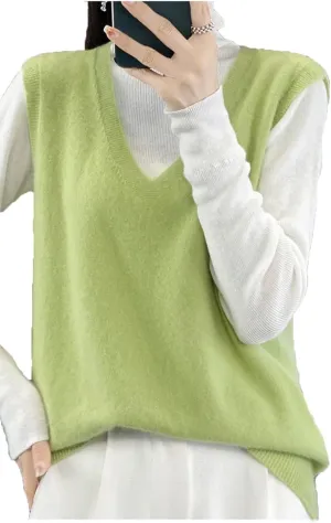 Women's Wool Undershirt V-Neck Solid Color Sleeveless Pullover Knit Sweater Fall Comfortable Soft Loose Tops
