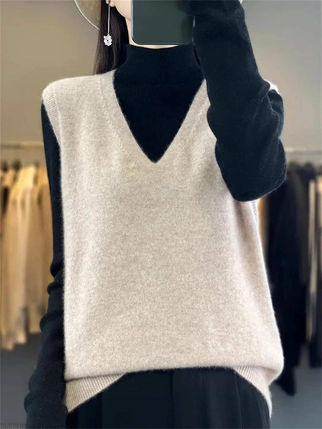 Women's Wool Undershirt V-Neck Solid Color Sleeveless Pullover Knit Sweater Fall Comfortable Soft Loose Tops