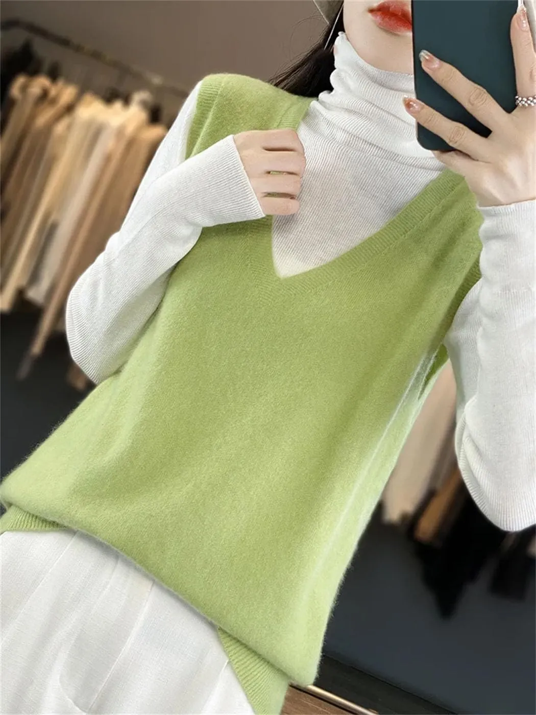 Women's Wool Undershirt V-Neck Solid Color Sleeveless Pullover Knit Sweater Fall Comfortable Soft Loose Tops