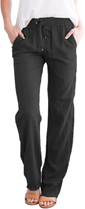 Womens Y2k Summer Casual Linen Trousers Elastic Waist Pants Wide-Leg Straight Leg Loose Comfy Sweatpants
