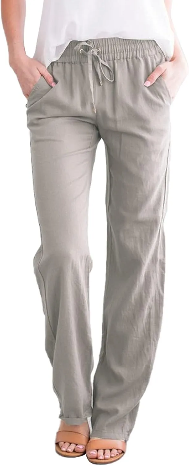 Womens Y2k Summer Casual Linen Trousers Elastic Waist Pants Wide-Leg Straight Leg Loose Comfy Sweatpants