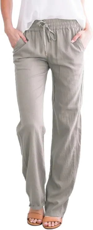 Womens Y2k Summer Casual Linen Trousers Elastic Waist Pants Wide-Leg Straight Leg Loose Comfy Sweatpants