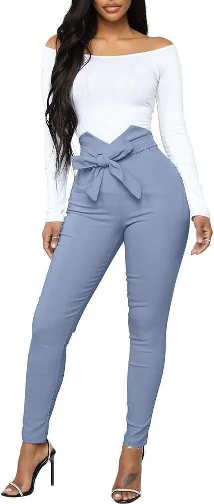 XXTAXN Women's Casual High Waist Stretch Trousers Solid Pencil Pants with Tie