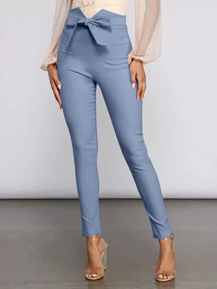 XXTAXN Women's Casual High Waist Stretch Trousers Solid Pencil Pants with Tie