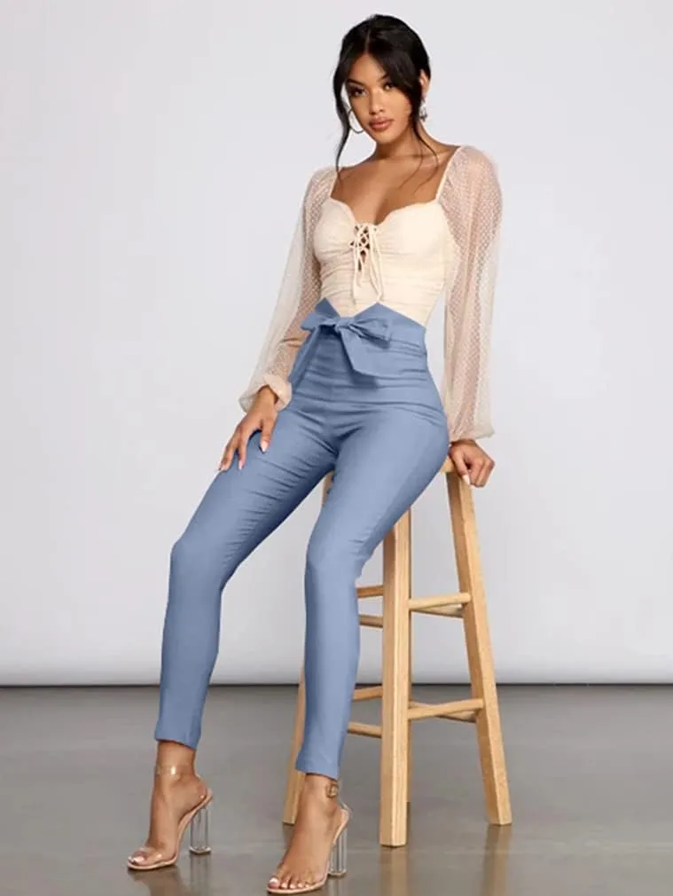 XXTAXN Women's Casual High Waist Stretch Trousers Solid Pencil Pants with Tie