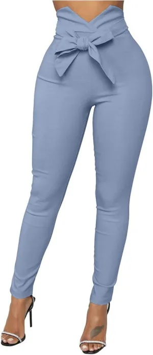 XXTAXN Women's Casual High Waist Stretch Trousers Solid Pencil Pants with Tie
