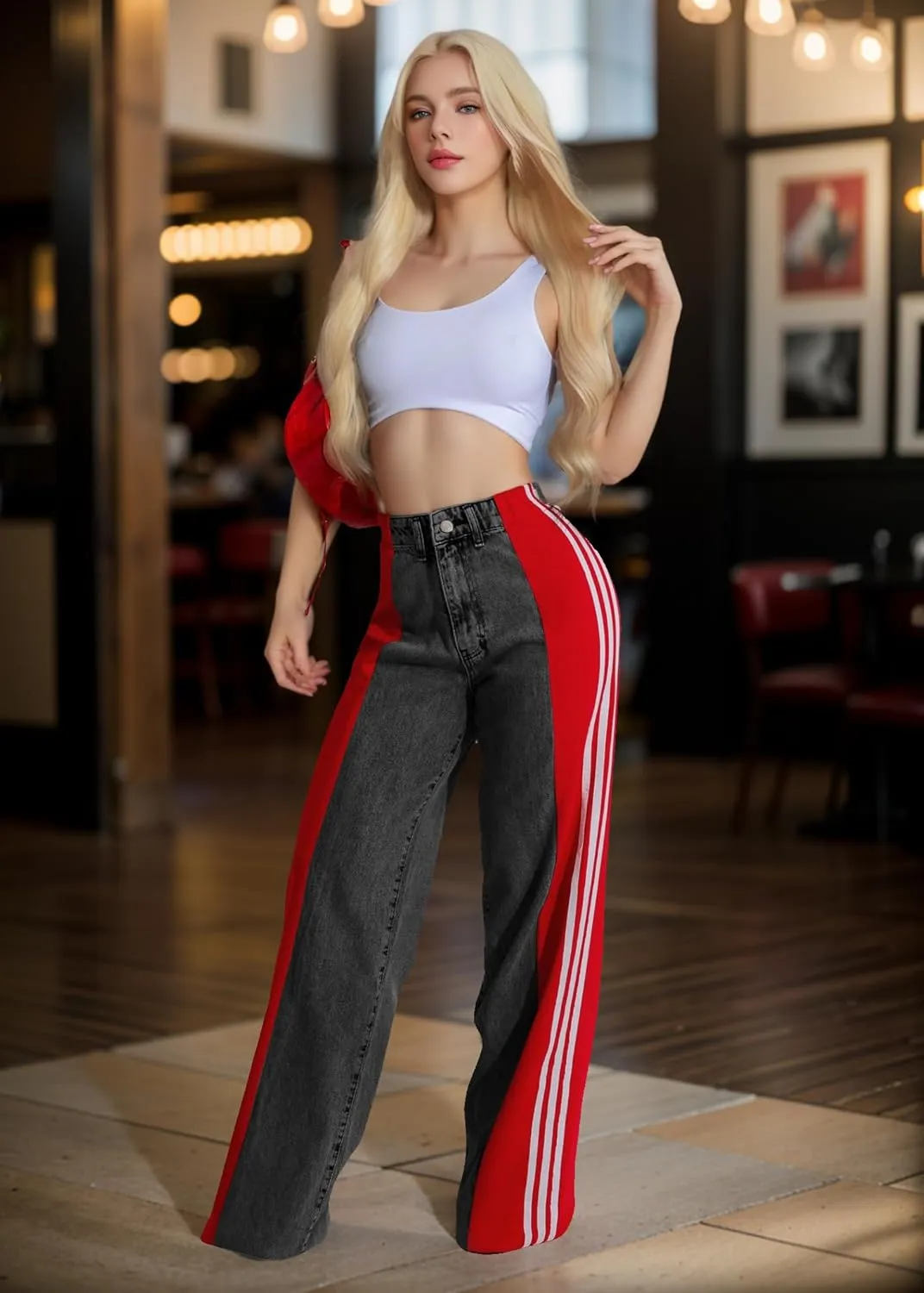 XZLUFNY Women's Jeans Two Tone Patchwork Striped Denim Pant Color Block Straight Wide Leg Trousers
