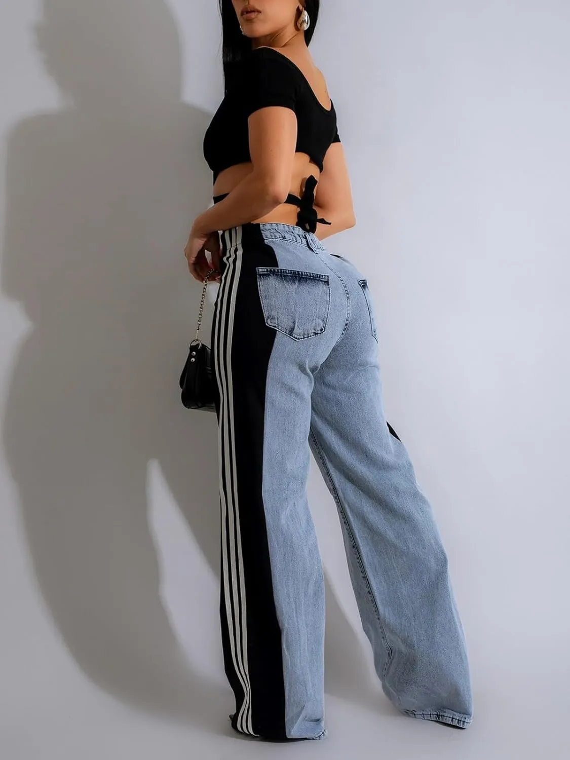 XZLUFNY Women's Jeans Two Tone Patchwork Striped Denim Pant Color Block Straight Wide Leg Trousers
