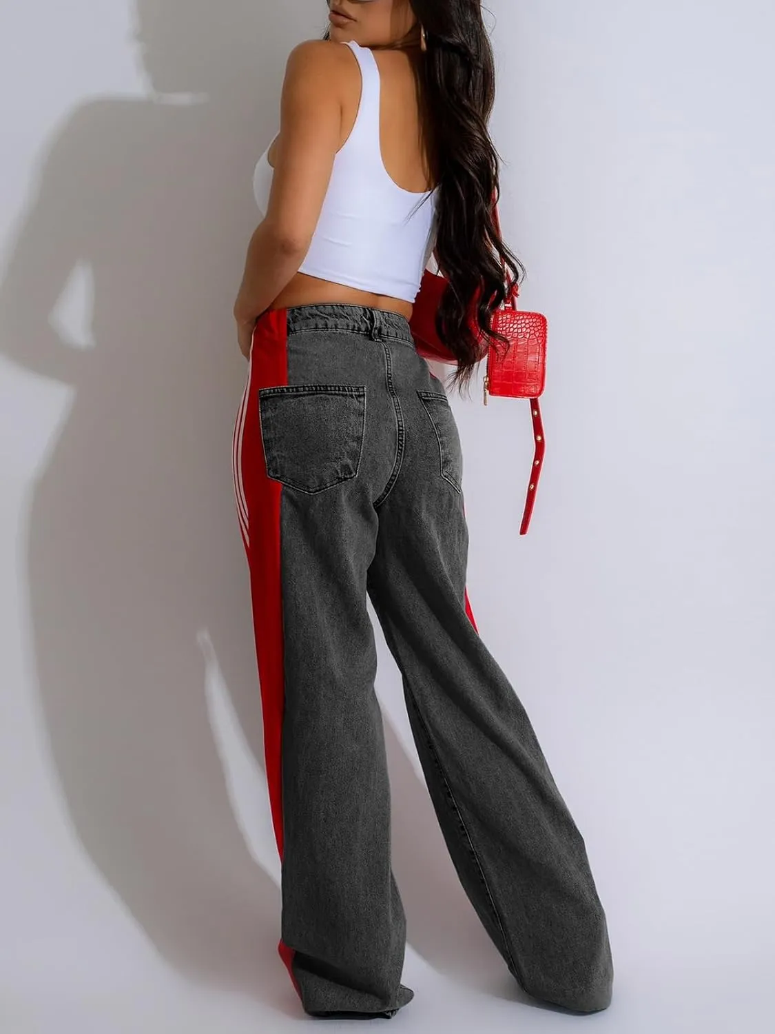 XZLUFNY Women's Jeans Two Tone Patchwork Striped Denim Pant Color Block Straight Wide Leg Trousers