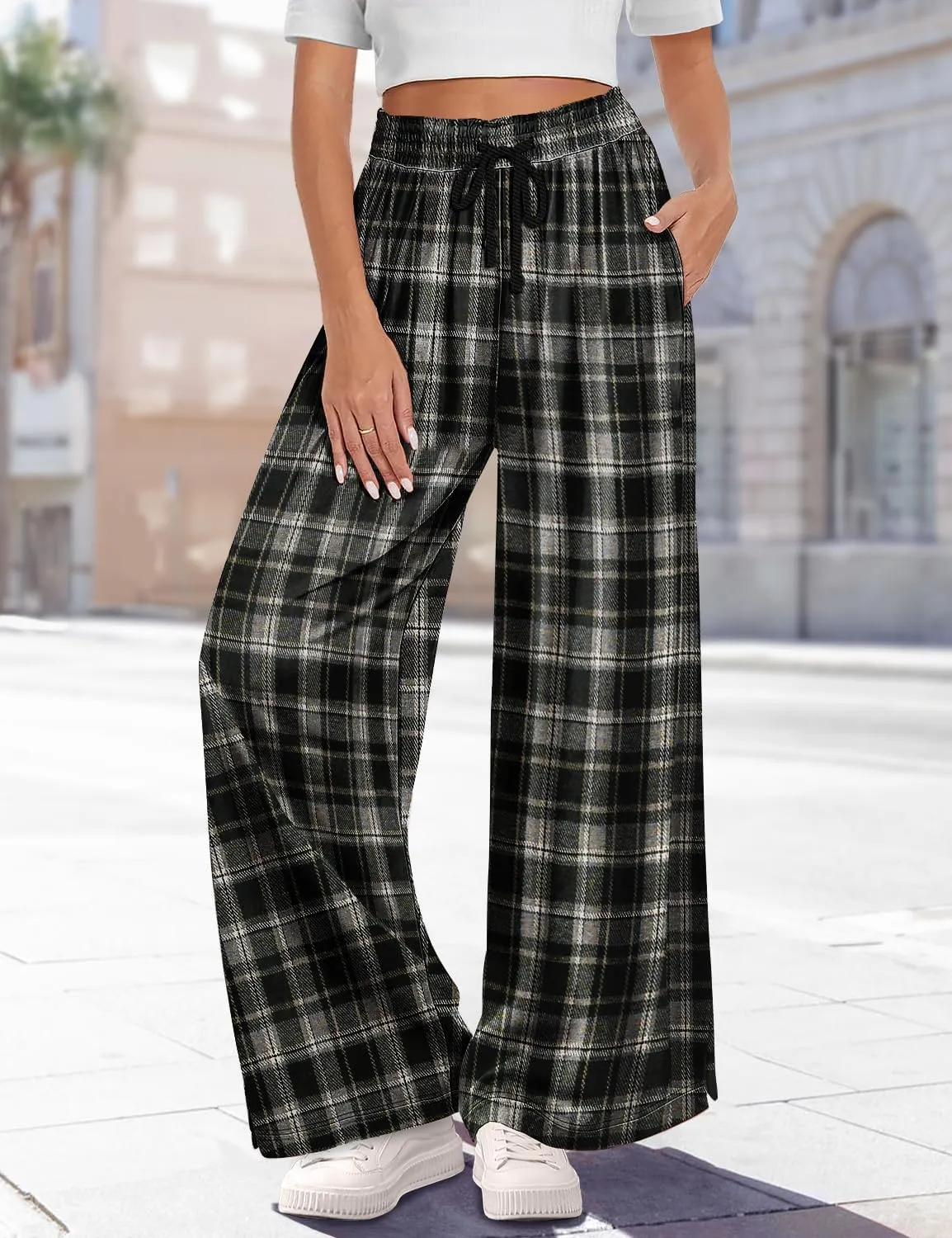 YESNO Women's Wide Leg Woolen Pants Fall Elastic High Waist Casual Palazzo Trousers with Pockets and Side Split PW0