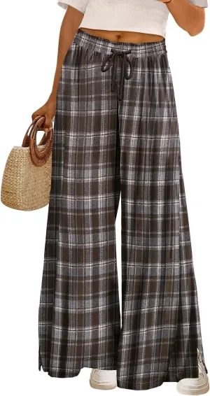 YESNO Women's Wide Leg Woolen Pants Fall Elastic High Waist Casual Palazzo Trousers with Pockets and Side Split PW0