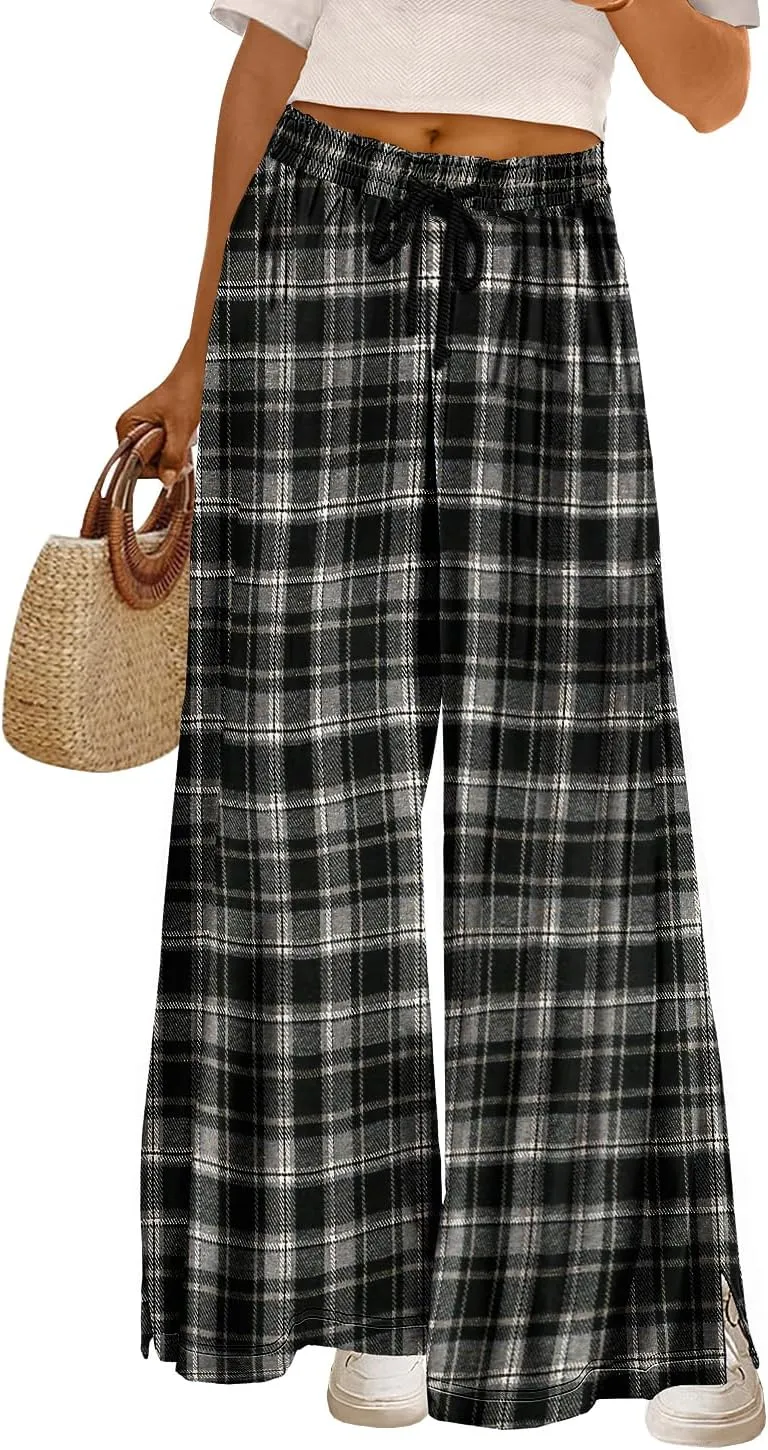 YESNO Women's Wide Leg Woolen Pants Fall Elastic High Waist Casual Palazzo Trousers with Pockets and Side Split PW0