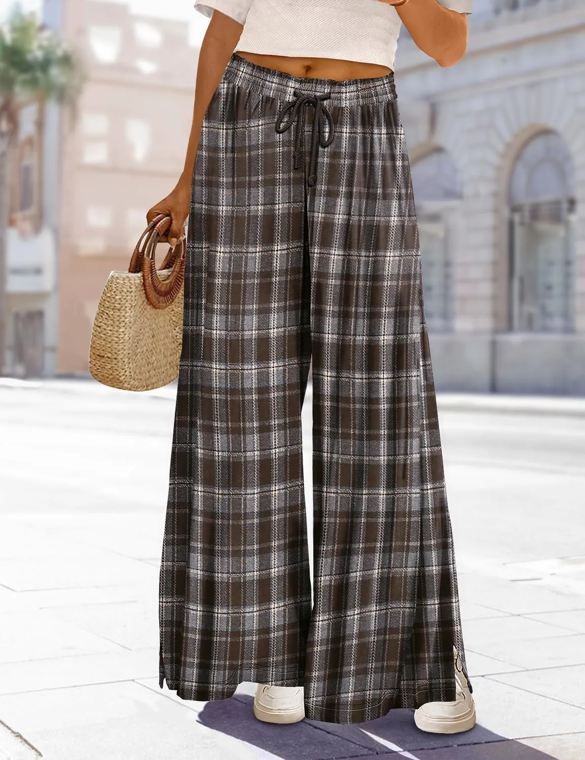 YESNO Women's Wide Leg Woolen Pants Fall Elastic High Waist Casual Palazzo Trousers with Pockets and Side Split PW0