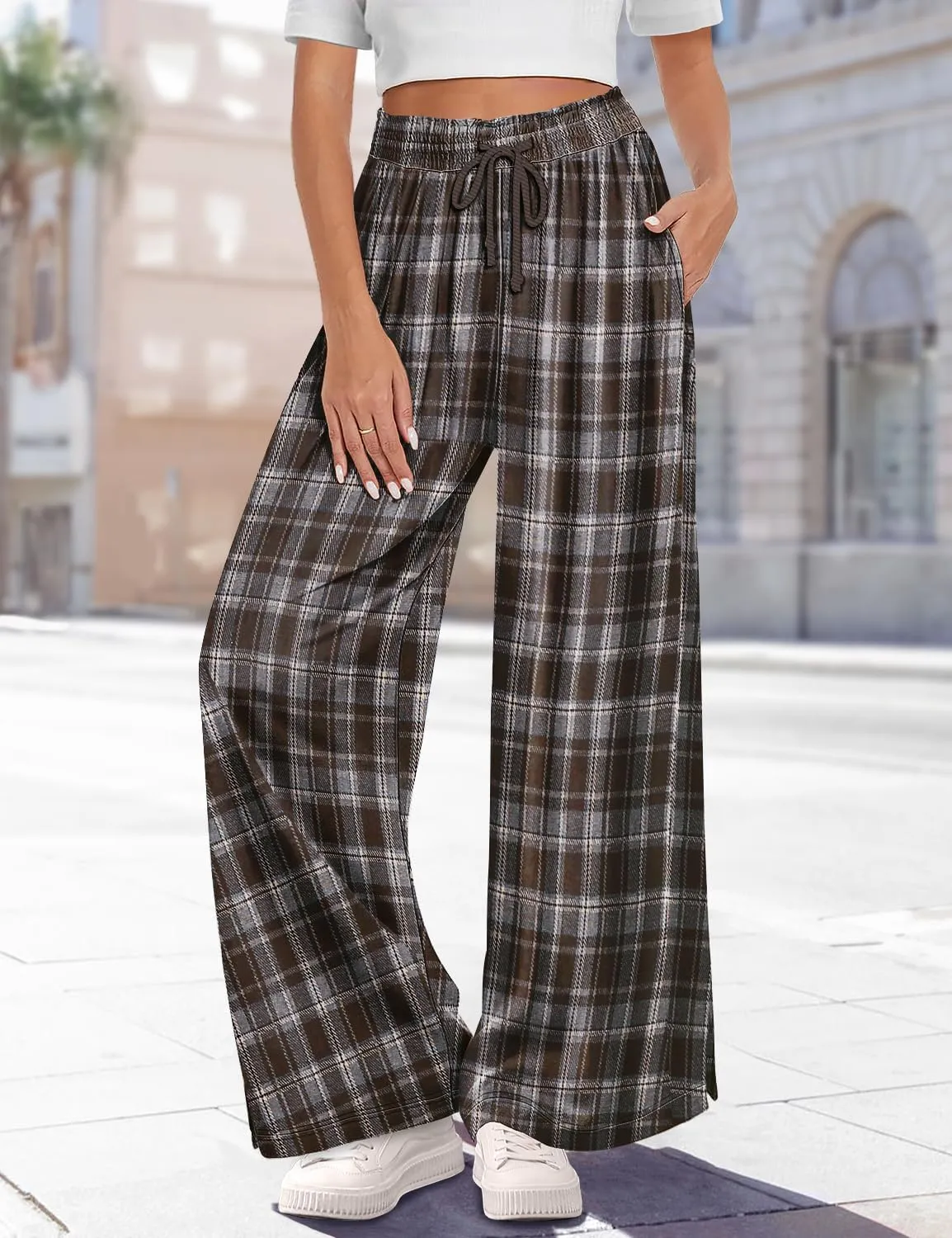 YESNO Women's Wide Leg Woolen Pants Fall Elastic High Waist Casual Palazzo Trousers with Pockets and Side Split PW0