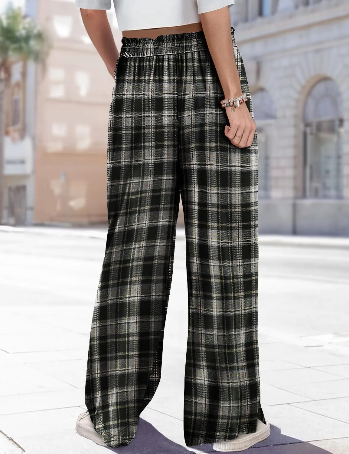 YESNO Women's Wide Leg Woolen Pants Fall Elastic High Waist Casual Palazzo Trousers with Pockets and Side Split PW0