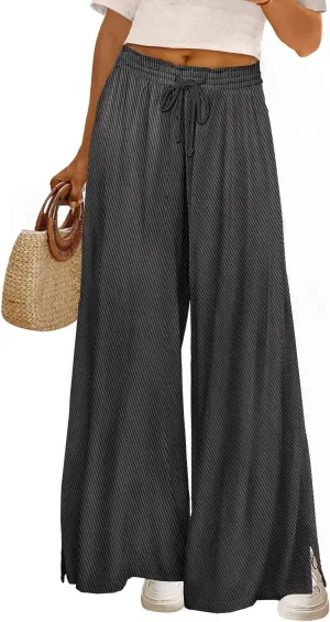 YESNO Women's Wide Leg Woolen Pants Fall Elastic High Waist Casual Palazzo Trousers with Pockets and Side Split PW0