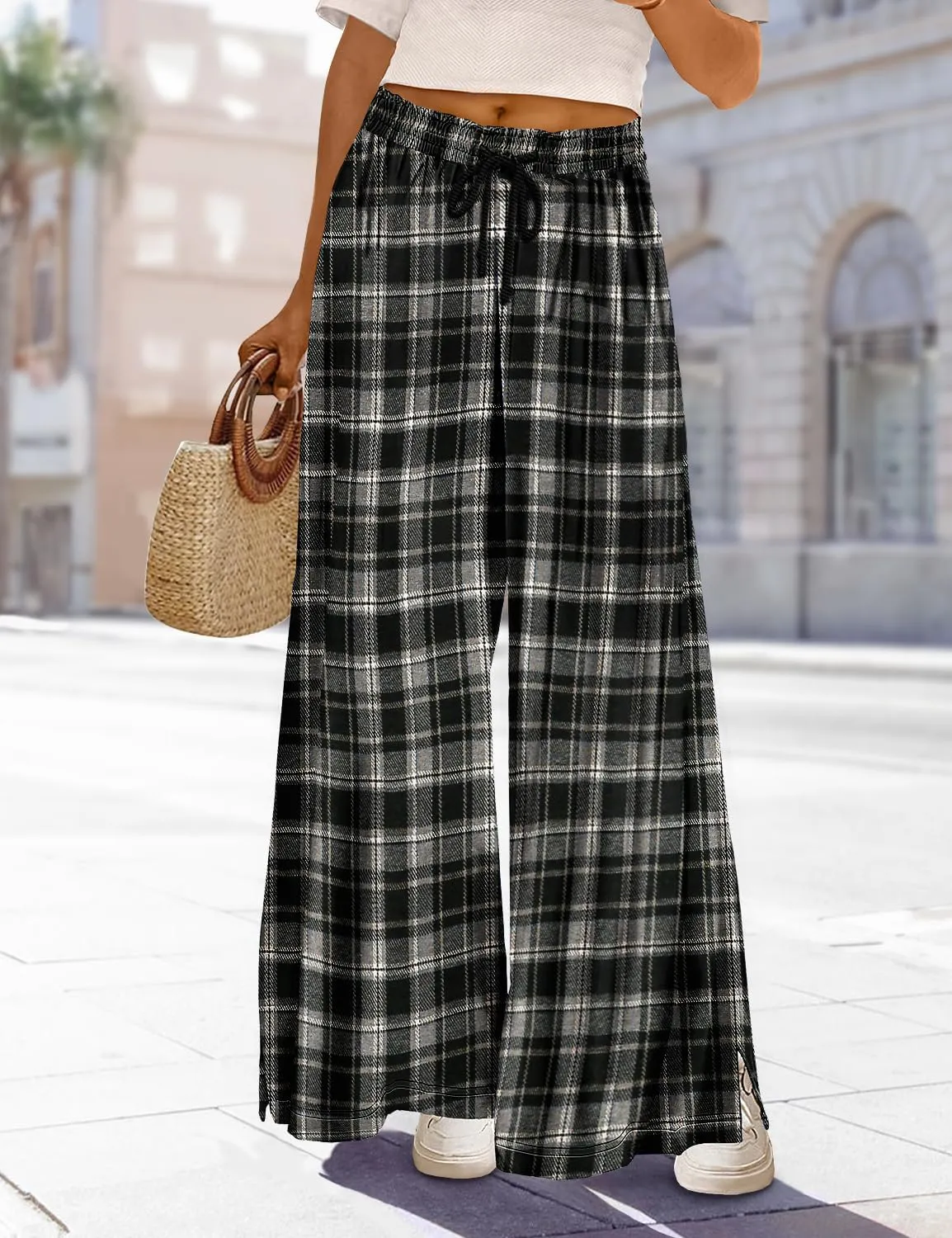 YESNO Women's Wide Leg Woolen Pants Fall Elastic High Waist Casual Palazzo Trousers with Pockets and Side Split PW0