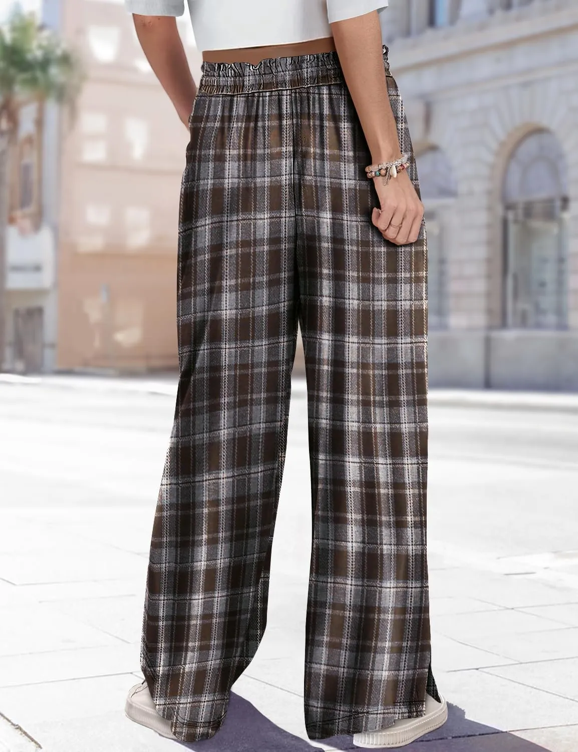 YESNO Women's Wide Leg Woolen Pants Fall Elastic High Waist Casual Palazzo Trousers with Pockets and Side Split PW0