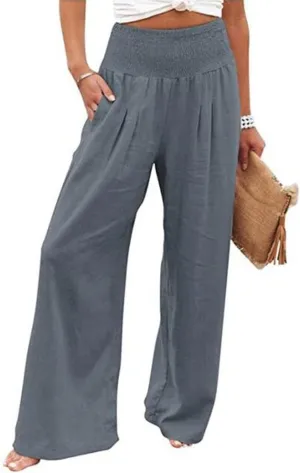 yoeasy Women Summer High Waisted Cotton Linen Palazzo Pants Wide Leg Long Trousers with Pocket