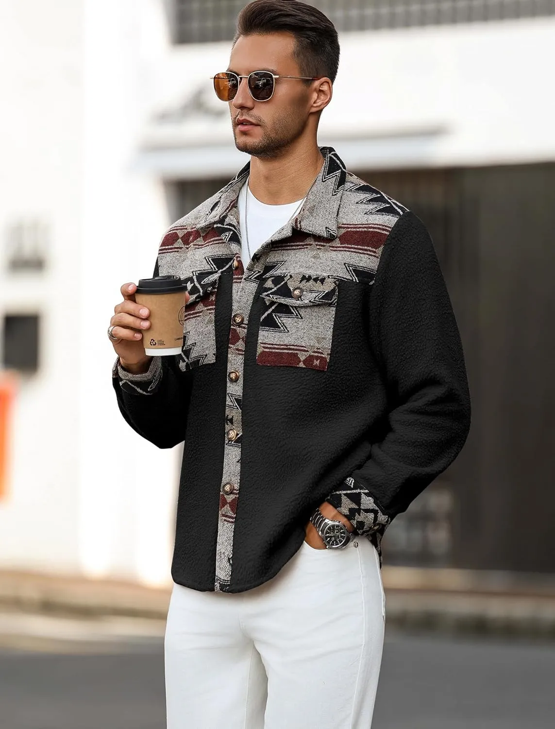 ZAFUL Men's Ethnic Aztec Printed Jacket Coat Flap Pocket Casual Long Sleeve Lightweight Lapel Faux FleeceShacket Top