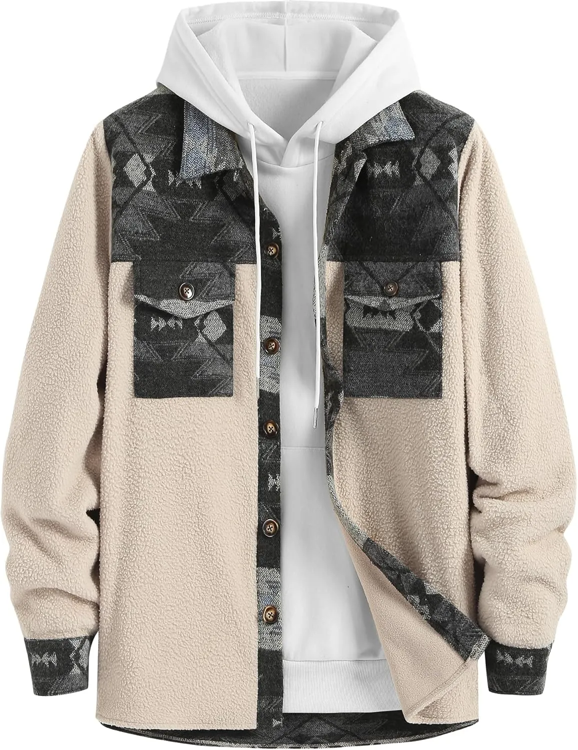 ZAFUL Men's Ethnic Aztec Printed Jacket Coat Flap Pocket Casual Long Sleeve Lightweight Lapel Faux FleeceShacket Top