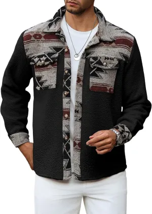 ZAFUL Men's Ethnic Aztec Printed Jacket Coat Flap Pocket Casual Long Sleeve Lightweight Lapel Faux FleeceShacket Top