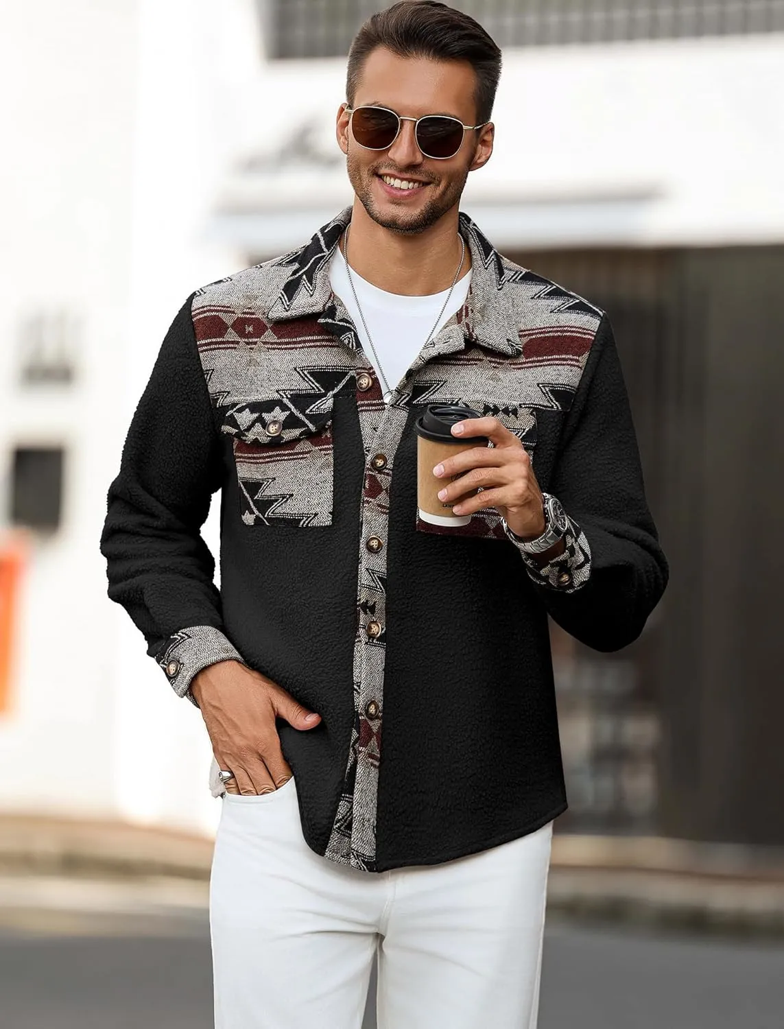 ZAFUL Men's Ethnic Aztec Printed Jacket Coat Flap Pocket Casual Long Sleeve Lightweight Lapel Faux FleeceShacket Top