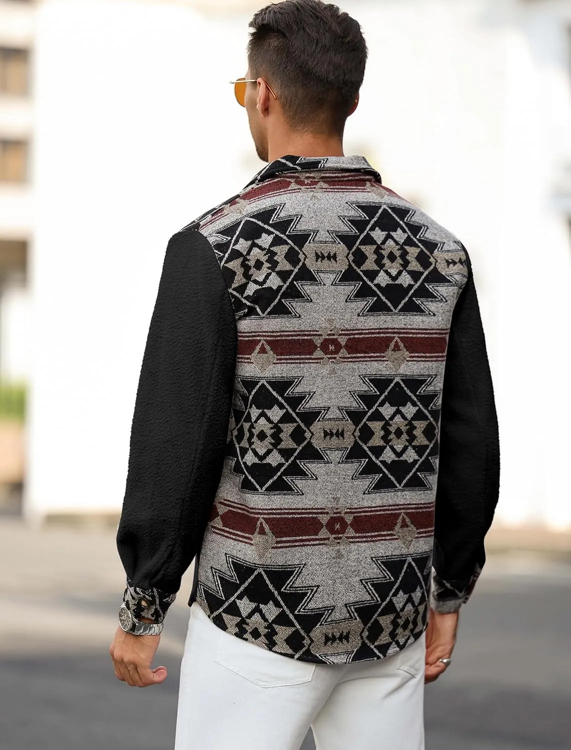 ZAFUL Men's Ethnic Aztec Printed Jacket Coat Flap Pocket Casual Long Sleeve Lightweight Lapel Faux FleeceShacket Top