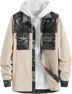 ZAFUL Men's Ethnic Aztec Printed Jacket Coat Flap Pocket Casual Long Sleeve Lightweight Lapel Faux FleeceShacket Top