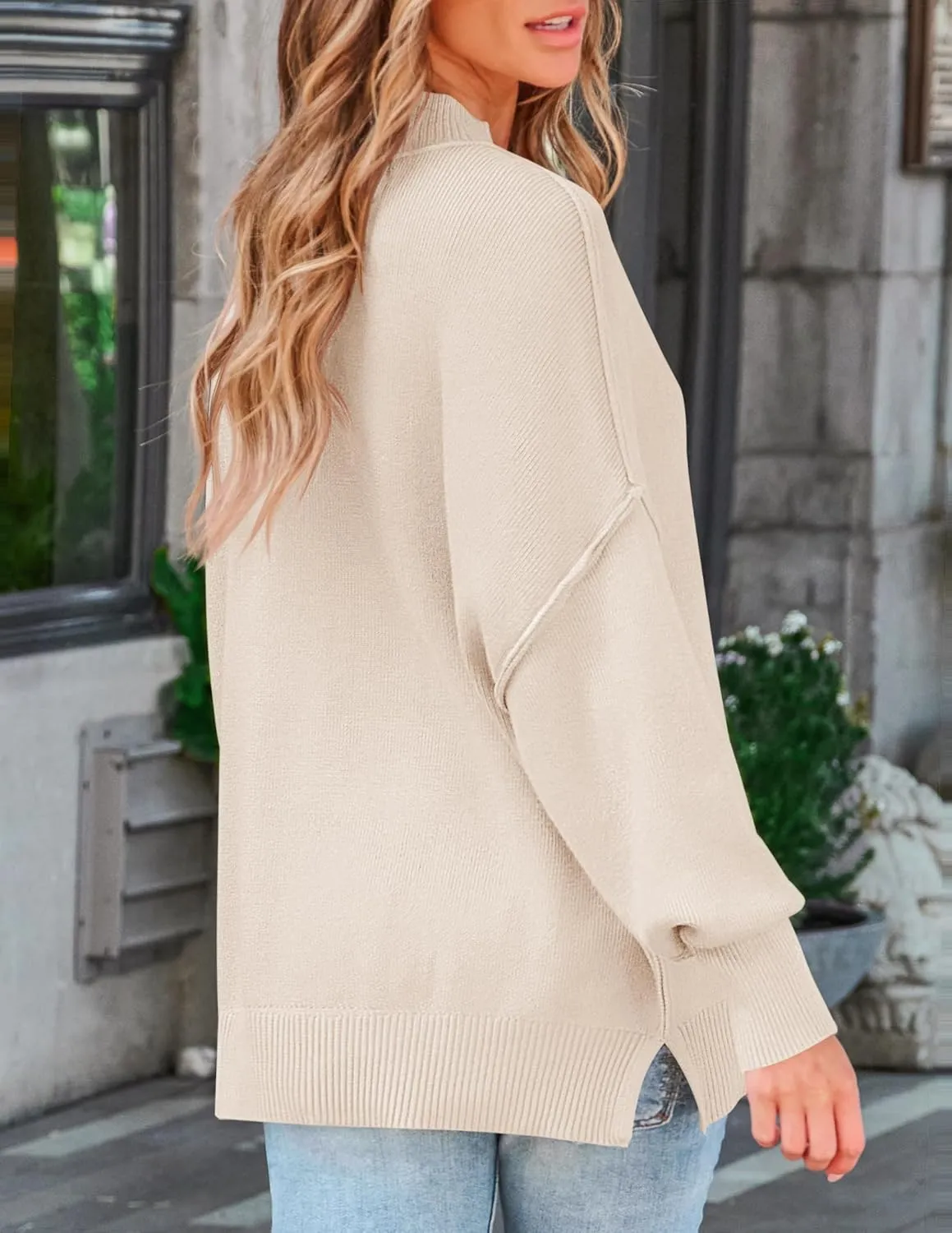 ZESICA Women's Fall Casual Long Sleeve Crew Neck Side Slit Oversized Ribbed Knit Pullover Sweater Tops